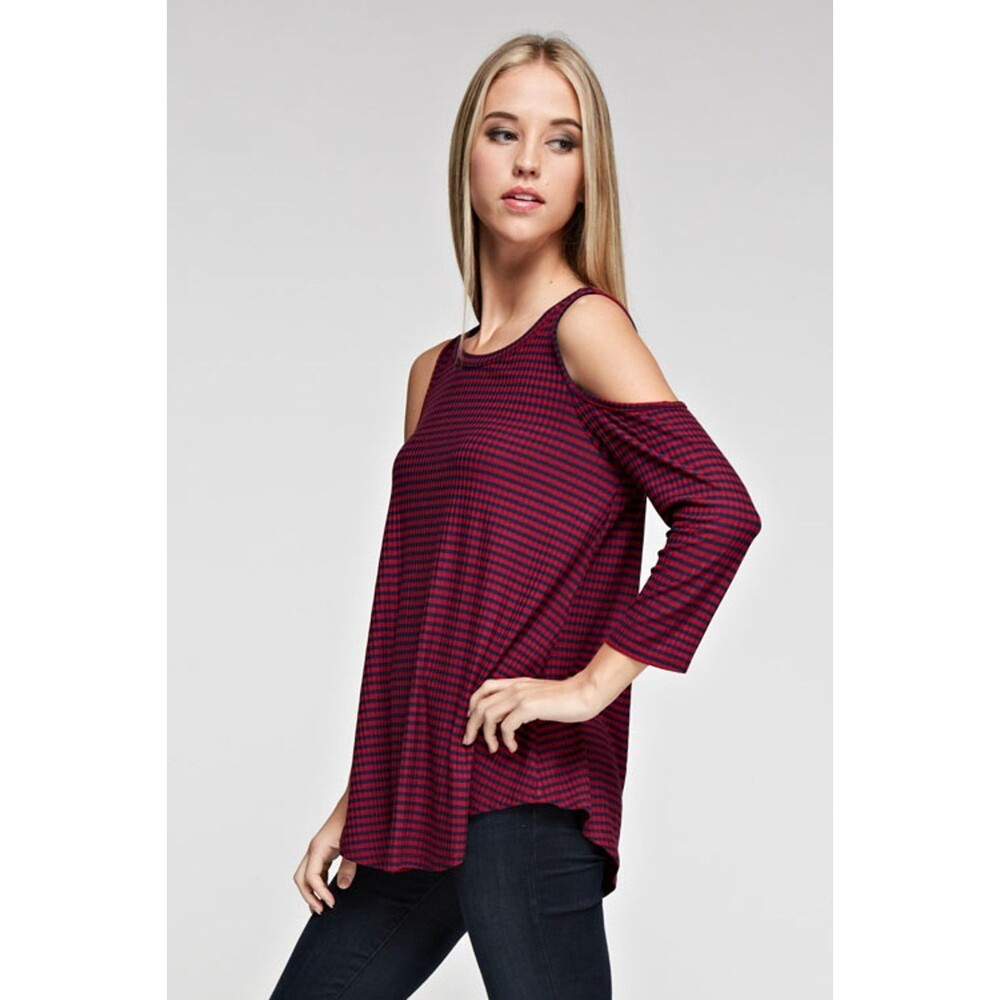 Women’s Magenta Navy Striped Cold Shoulder Top Long Sleeve Size M - Picture 5 of 12